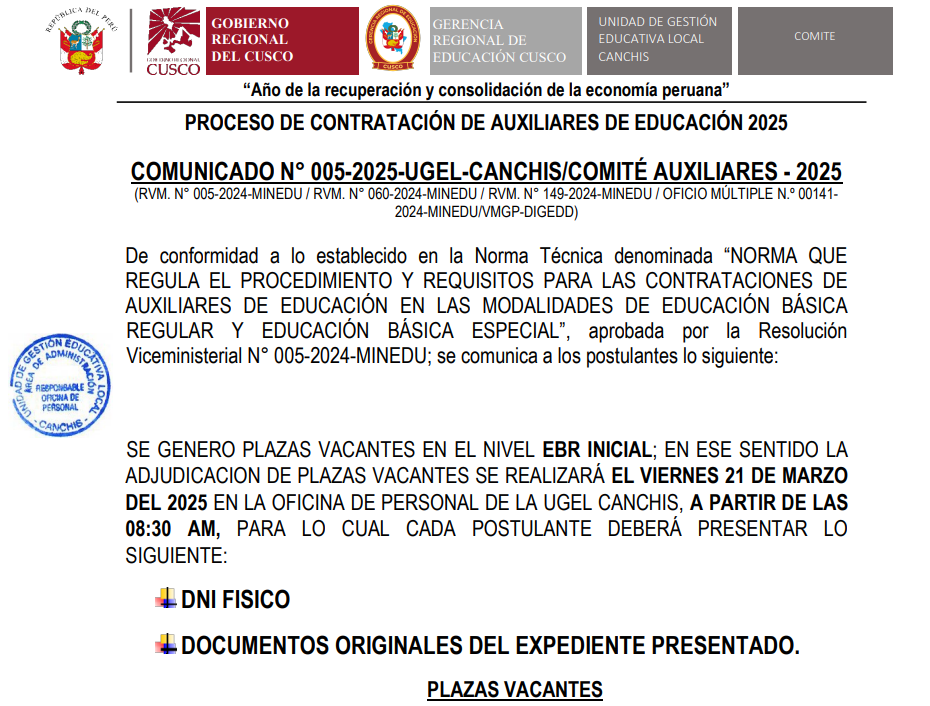 COMUNICADO N° 005-2025 - Contratación de auxiliares de educación 2025